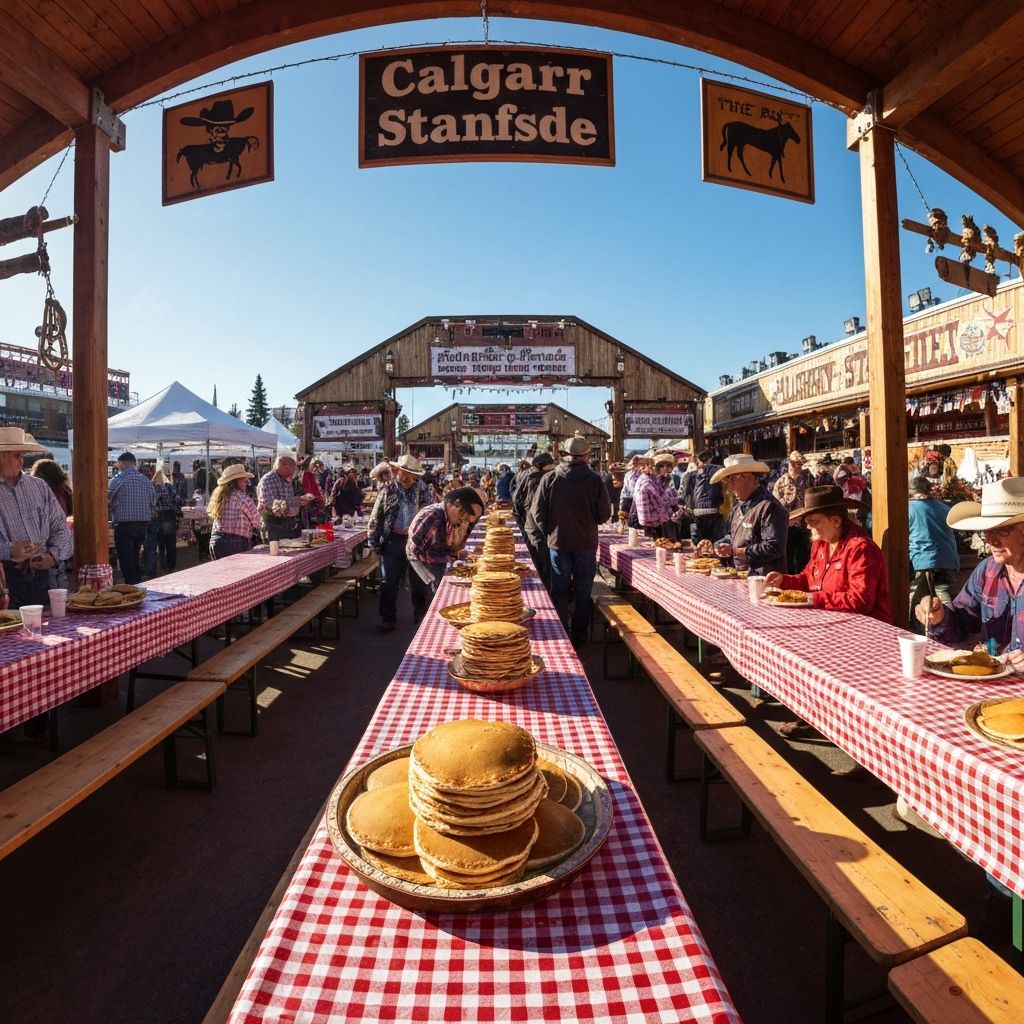 Calgary Stampede pancake breakfast with crowds in cowboy gear